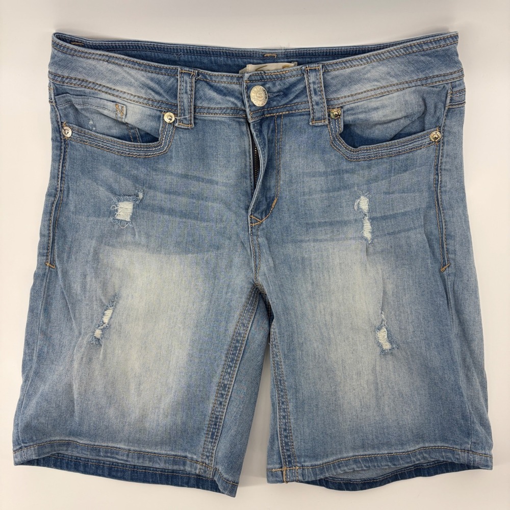 Seven7 Bermuda Shorts Womens 10 Distressed Denim Light Wash 10" Skater Baggy
